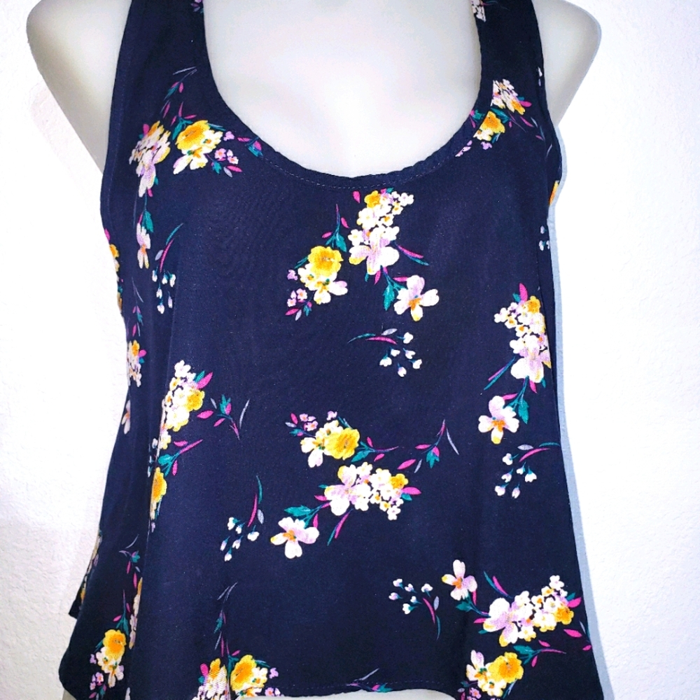 Navy Blue Floral Crop Top L
